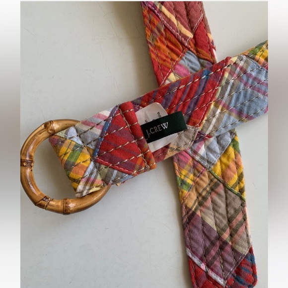 J CREW Womens Belt S MADRAS Plaid Cotton Fabric Wood Bamboo Buckle Ring - Picture 3 of 5